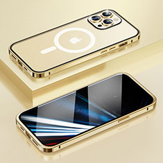 Carcasa Bumper Lujo Marco de Metal y Plastico Funda con Mag-Safe Magnetic LF1 para Apple iPhone 16 Pro Oro