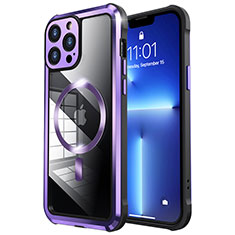 Carcasa Bumper Lujo Marco de Metal y Plastico Funda con Mag-Safe Magnetic LF2 para Apple iPhone 13 Pro Morado