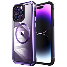 Carcasa Bumper Lujo Marco de Metal y Plastico Funda con Mag-Safe Magnetic LF4 para Apple iPhone 14 Pro Max Morado