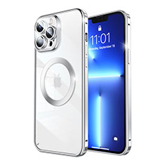 Carcasa Bumper Lujo Marco de Metal y Plastico Funda con Mag-Safe Magnetic LF5 para Apple iPhone 13 Pro Plata