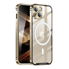 Carcasa Bumper Lujo Marco de Metal y Plastico Funda con Mag-Safe Magnetic LK1 para Apple iPhone 15 Oro