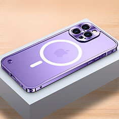 Carcasa Bumper Lujo Marco de Metal y Plastico Funda con Mag-Safe Magnetic QC1 para Apple iPhone 14 Pro Max Morado