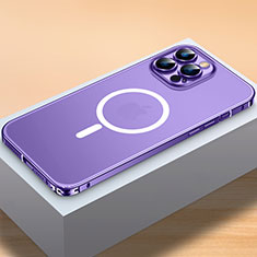 Carcasa Bumper Lujo Marco de Metal y Plastico Funda con Mag-Safe Magnetic QC2 para Apple iPhone 15 Pro Max Morado