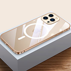 Carcasa Bumper Lujo Marco de Metal y Plastico Funda con Mag-Safe Magnetic QC4 para Apple iPhone 15 Pro Max Oro