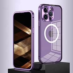 Carcasa Bumper Lujo Marco de Metal y Plastico Funda con Mag-Safe Magnetic QC5 para Apple iPhone 13 Pro Max Morado