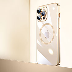 Carcasa Dura Cristal Plastico Funda Rigida Transparente con Mag-Safe Magnetic QC2 para Apple iPhone 15 Pro Oro