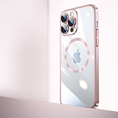 Carcasa Dura Cristal Plastico Funda Rigida Transparente con Mag-Safe Magnetic QC2 para Apple iPhone 15 Pro Oro Rosa