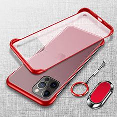 Carcasa Dura Cristal Plastico Funda Rigida Transparente con Magnetico Anillo de dedo Soporte para Apple iPhone 14 Pro Max Rojo