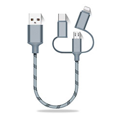 Cargador Cable Lightning USB Carga y Datos Android Micro USB Type-C 25cm S01 para Bq Vsmart Active 1 Plus Gris