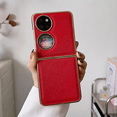 Funda Bumper Lujo Cuero y Plastico Mate Carcasa B02H para Huawei P50 Pocket Rojo