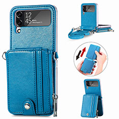 Funda Bumper Lujo Cuero y Plastico Mate Carcasa H06 para Samsung Galaxy Z Flip4 5G Azul