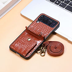 Funda Bumper Lujo Cuero y Plastico Mate Carcasa L09 para Samsung Galaxy Z Flip4 5G Marron