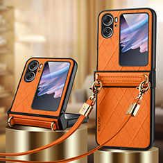 Funda Bumper Lujo Cuero y Plastico Mate Carcasa LD3 para Oppo Find N2 Flip 5G Naranja