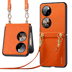 Funda Bumper Lujo Cuero y Plastico Mate Carcasa LD5 para Huawei P60 Pocket Naranja