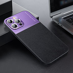 Funda Bumper Lujo Cuero y Plastico Mate Carcasa QC1 para Apple iPhone 14 Pro Max Morado