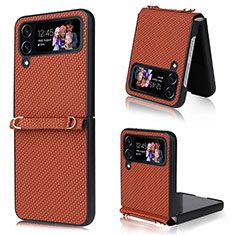 Funda Bumper Lujo Cuero y Plastico Mate Carcasa T07 para Samsung Galaxy Z Flip4 5G Marron