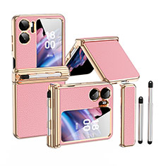 Funda Bumper Lujo Cuero y Plastico Mate Carcasa ZL4 para Oppo Find N2 Flip 5G Oro Rosa