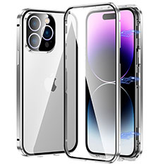 Funda Bumper Lujo Marco de Aluminio Espejo 360 Grados Carcasa LO1 para Apple iPhone 14 Pro Max Plata