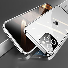 Funda Bumper Lujo Marco de Aluminio Espejo 360 Grados Carcasa M05 para Apple iPhone 16 Pro Max Plata