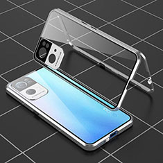 Funda Bumper Lujo Marco de Aluminio Espejo 360 Grados Carcasa P02 para Oppo Reno7 Pro 5G Plata