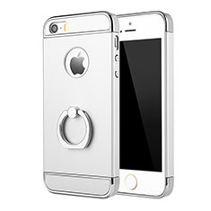 Funda Bumper Lujo Marco de Metal y Plastico Carcasa con Anillo de dedo Soporte A02 para Apple iPhone 5 Plata