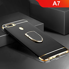 Funda Bumper Lujo Marco de Metal y Plastico Carcasa con Anillo de dedo Soporte A02 para Oppo A7 Negro