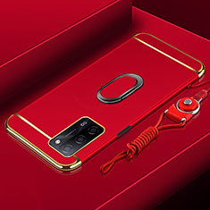 Funda Bumper Lujo Marco de Metal y Plastico Carcasa con Anillo de dedo Soporte P01 para Oppo A53s 5G Rojo