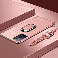 Funda Bumper Lujo Marco de Metal y Plastico Carcasa con Anillo de dedo Soporte P03 para Oppo A74 5G Oro Rosa