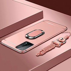 Funda Bumper Lujo Marco de Metal y Plastico Carcasa con Anillo de dedo Soporte P03 para Oppo A93 5G Oro Rosa