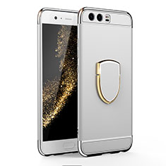 Funda Bumper Lujo Marco de Metal y Plastico Carcasa con Anillo de dedo Soporte para Huawei P10 Plata