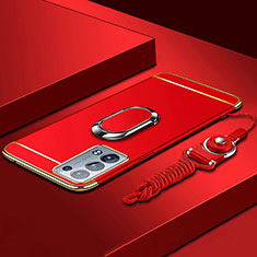 Funda Bumper Lujo Marco de Metal y Plastico Carcasa con Anillo de dedo Soporte para Oppo Reno6 Pro 5G Rojo