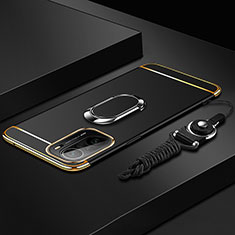 Funda Bumper Lujo Marco de Metal y Plastico Carcasa con Anillo de dedo Soporte para Xiaomi Poco F3 5G Negro