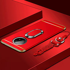 Funda Bumper Lujo Marco de Metal y Plastico Carcasa con Anillo de dedo Soporte para Xiaomi Redmi Note 9 5G Rojo