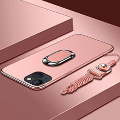 Funda Bumper Lujo Marco de Metal y Plastico Carcasa con Anillo de dedo Soporte y Lanyard para Apple iPhone 14 Oro Rosa