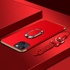 Funda Bumper Lujo Marco de Metal y Plastico Carcasa con Anillo de dedo Soporte y Lanyard para Apple iPhone 14 Rojo