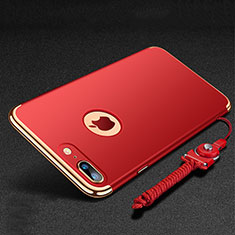 Funda Bumper Lujo Marco de Metal y Plastico Carcasa con Anillo de dedo Soporte y Lanyard para Apple iPhone 7 Plus Rojo