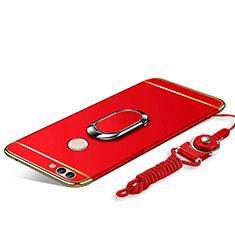 Funda Bumper Lujo Marco de Metal y Plastico Carcasa con Anillo de dedo Soporte y Lanyard para Huawei Enjoy 8 Plus Rojo