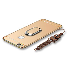 Funda Bumper Lujo Marco de Metal y Plastico Carcasa con Anillo de dedo Soporte y Lanyard para Huawei G9 Lite Oro