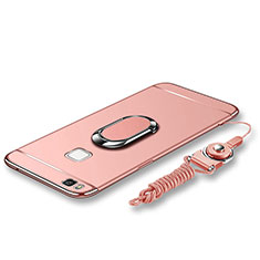 Funda Bumper Lujo Marco de Metal y Plastico Carcasa con Anillo de dedo Soporte y Lanyard para Huawei G9 Lite Oro Rosa