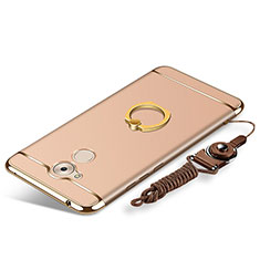 Funda Bumper Lujo Marco de Metal y Plastico Carcasa con Anillo de dedo Soporte y Lanyard para Huawei Honor 6C Oro