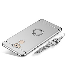 Funda Bumper Lujo Marco de Metal y Plastico Carcasa con Anillo de dedo Soporte y Lanyard para Huawei Honor 6C Plata