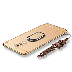 Funda Bumper Lujo Marco de Metal y Plastico Carcasa con Anillo de dedo Soporte y Lanyard para Huawei Honor 6X Oro