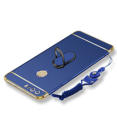 Funda Bumper Lujo Marco de Metal y Plastico Carcasa con Anillo de dedo Soporte y Lanyard para Huawei Honor 8 Azul