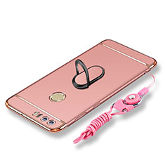 Funda Bumper Lujo Marco de Metal y Plastico Carcasa con Anillo de dedo Soporte y Lanyard para Huawei Honor 8 Oro Rosa