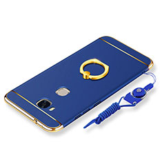 Funda Bumper Lujo Marco de Metal y Plastico Carcasa con Anillo de dedo Soporte y Lanyard para Huawei Honor Play 5X Azul