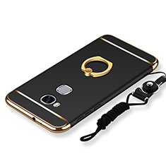 Funda Bumper Lujo Marco de Metal y Plastico Carcasa con Anillo de dedo Soporte y Lanyard para Huawei Honor Play 5X Negro