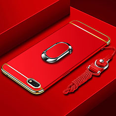 Funda Bumper Lujo Marco de Metal y Plastico Carcasa con Anillo de dedo Soporte y Lanyard para Huawei Honor Play 7 Rojo