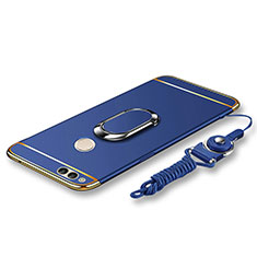 Funda Bumper Lujo Marco de Metal y Plastico Carcasa con Anillo de dedo Soporte y Lanyard para Huawei Honor Play 7X Azul