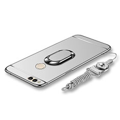 Funda Bumper Lujo Marco de Metal y Plastico Carcasa con Anillo de dedo Soporte y Lanyard para Huawei Honor Play 7X Plata