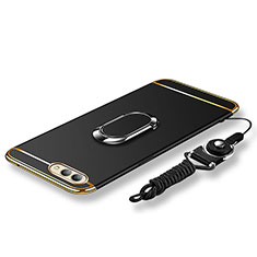 Funda Bumper Lujo Marco de Metal y Plastico Carcasa con Anillo de dedo Soporte y Lanyard para Huawei Honor V10 Negro